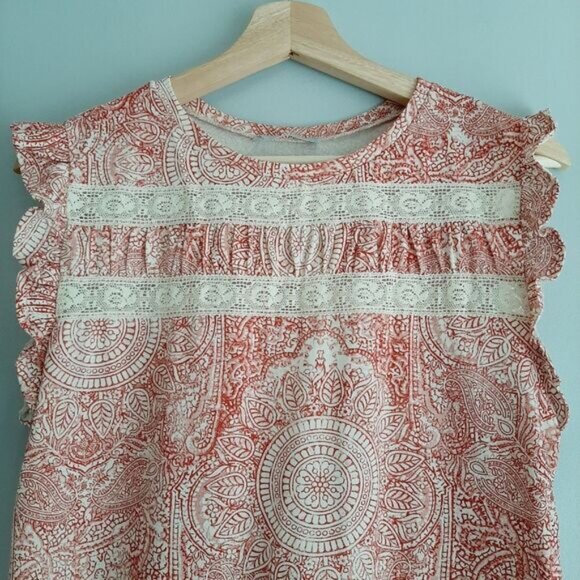 ZARA Floral Mandala Tank Top Lace Inserts Ruffle Detail Crewneck Sz S - Picture 2 of 9